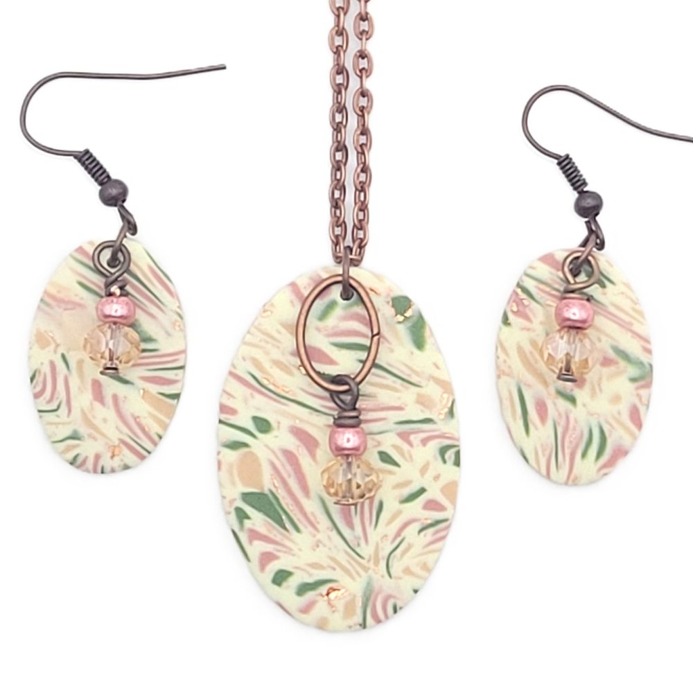 Necklace and Earrings Set - Cream, Green, Pink, and Brass - Handmade